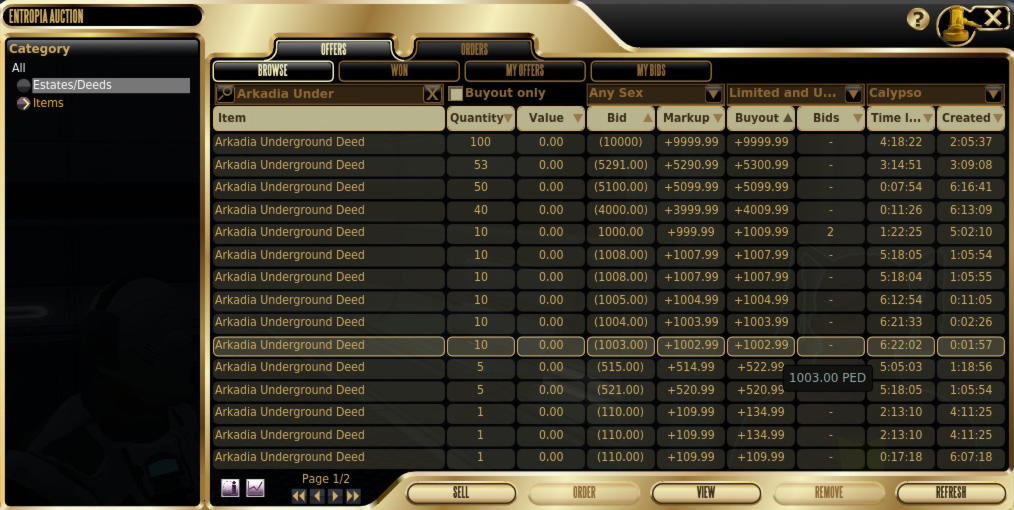Calypso auction window Calypso auction window