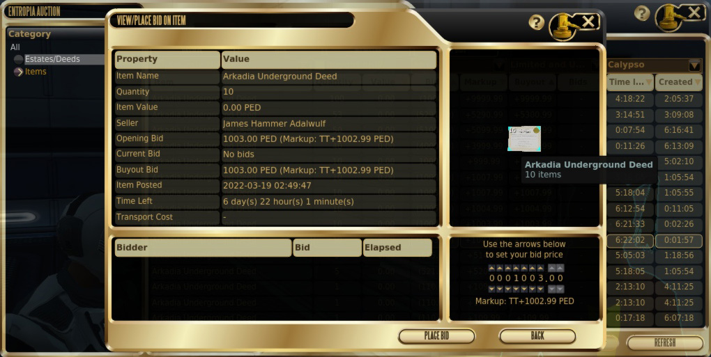Calypso auction window Calypso auction window