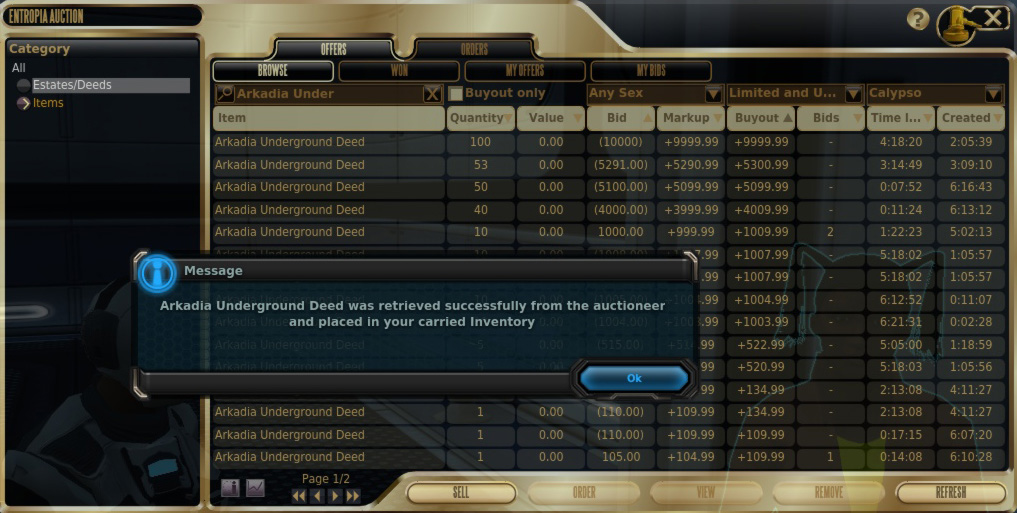 Calypso auction window Calypso auction window